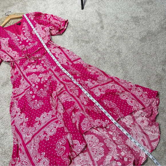Ann Taylor Bandana Paisley Wrap Maxi Dress V-Neck Shortsleeve Hi-Low Pink Boho 8 - Picture 14 of 15